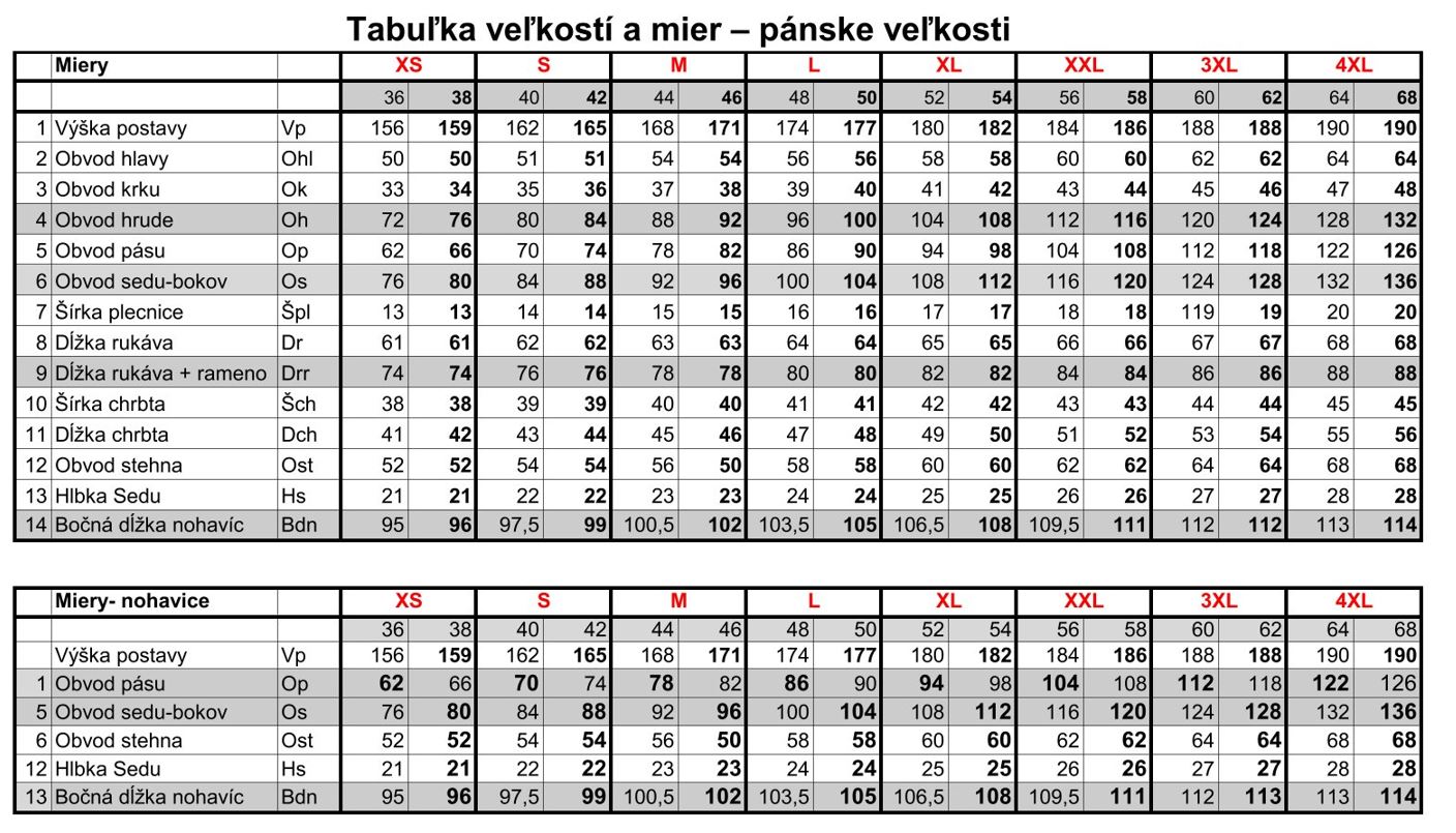 Tabuľka veľkosti pre oblečenie značky Forest