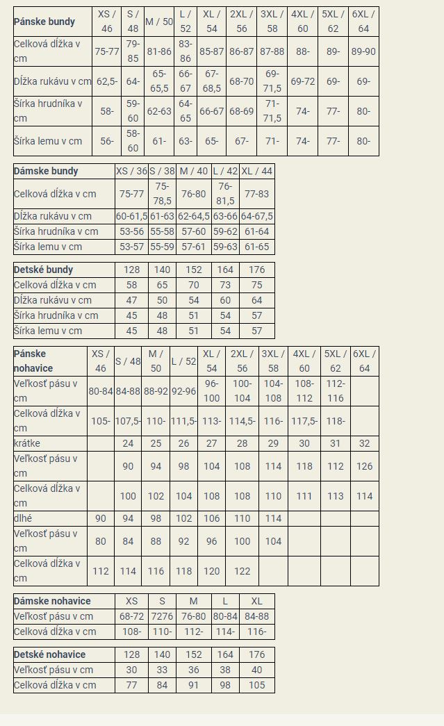 Tabuľka veľkosti pre oblečenie značky hubertus